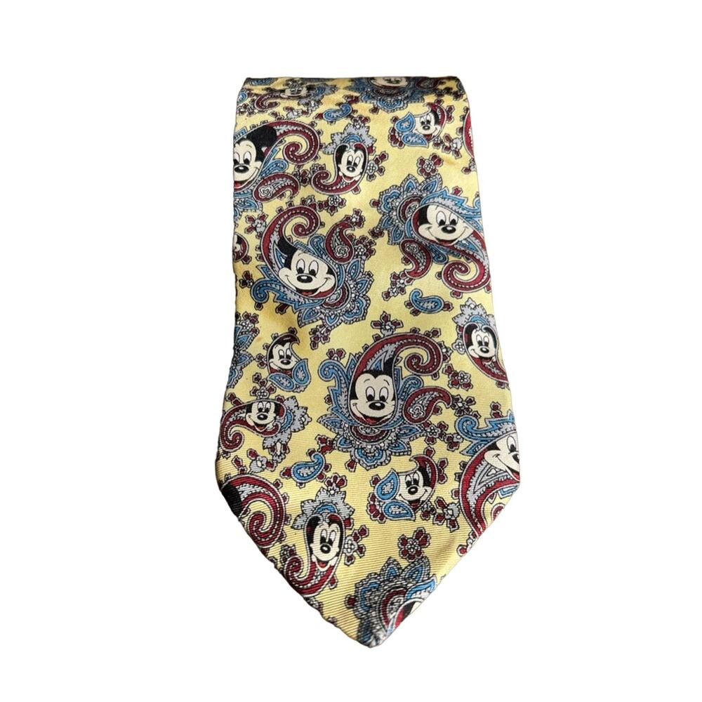 Vintage Disney Balancine Mickey Mouse face yellow paisley blue red silk tie